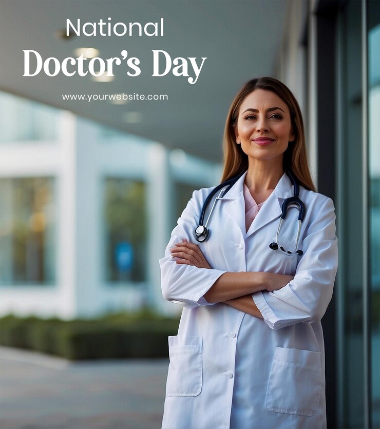 PSD national doctors day concept female doctor on blurry medical background