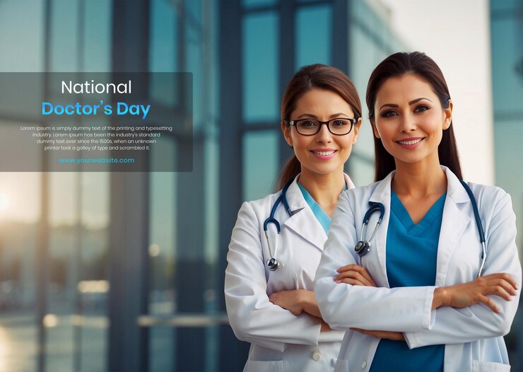 PSD national doctors day concept female doctor on medical background
