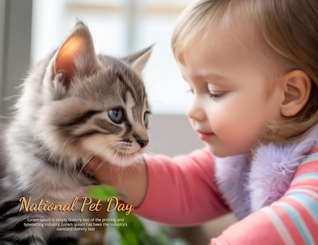 National pet day banner design with cute baby pet owner