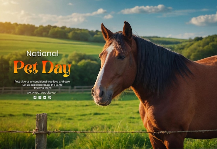 PSD national pet day concept countryside scene with a contented horse grazing in a lush green pasture