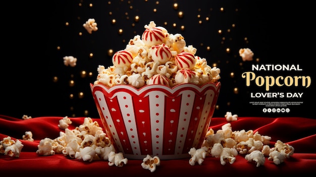 PSD cartella di auguri speciale per la giornata nazionale degli amanti del popcorn con uno sfondo psd realistico