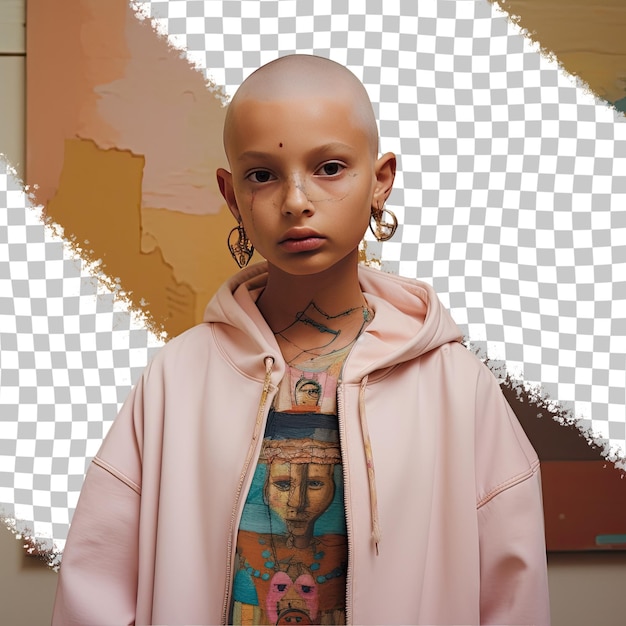 PSD native american anxious bald girl artist attire intense gaze tegen een pastelbeige achtergrond