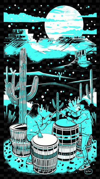 PSD native american drummers spelen in een woestijnlandschap met illustratie muziek poster ontwerpen