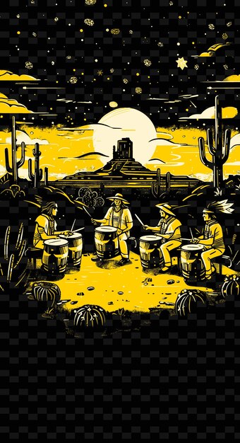 PSD native american drummers spelen in een woestijnlandschap met illustratie muziek poster ontwerpen