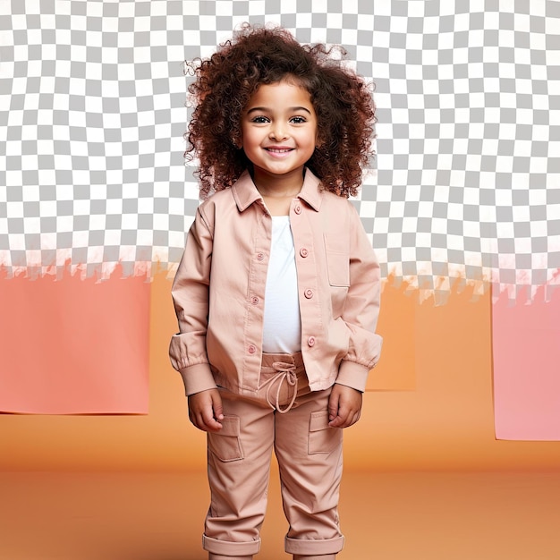 PSD native american girl in podiatrist attire curly haired preschooler rocks relaxed stance in pastel coral background