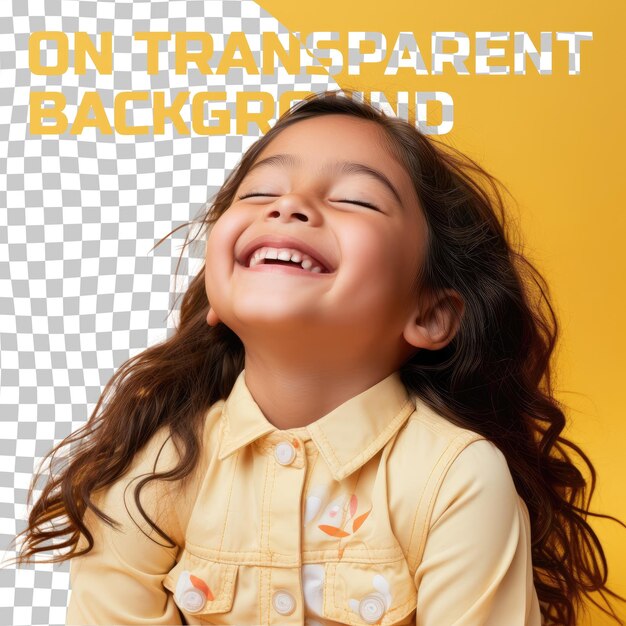 PSD native american preschooler girl ortho smile on yellow background