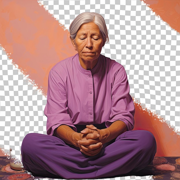 Native american senior remorseful pose in cooking attire on pastel lavender background