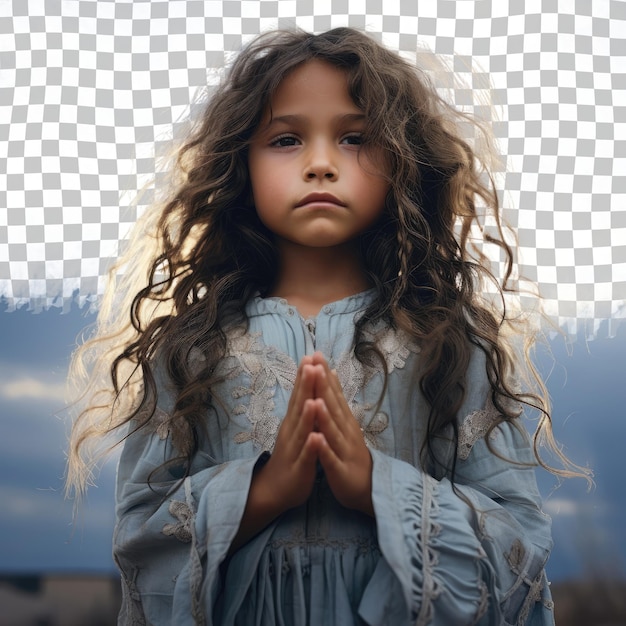 PSD native american toddler melancholic beauty in model attire wavy hair hands clasped posed against pastel sky