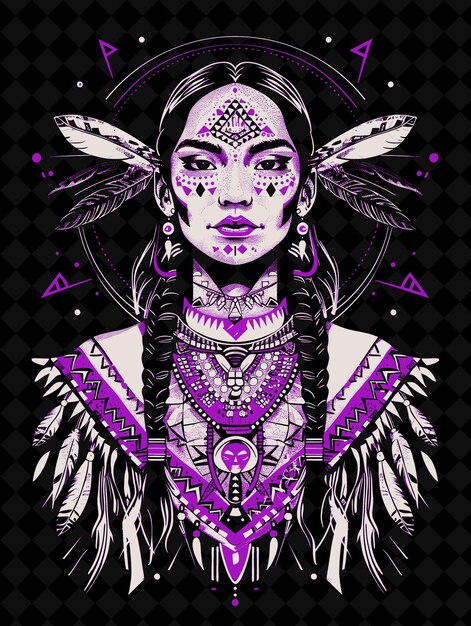 PSD native american woman portrait wearing a buckskin dress with vivid color design png collections