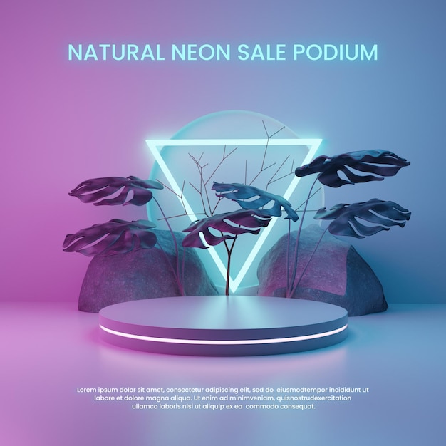 Podio neon futuristico naturale con pianta e pietra