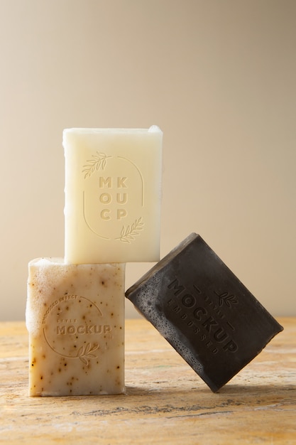 PSD natural homemade soap bar mock-up with embossed effect