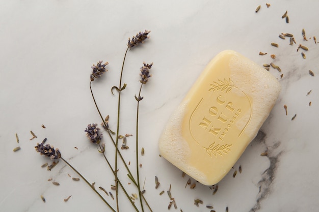 PSD natural homemade soap bar mock-up with embossed effect