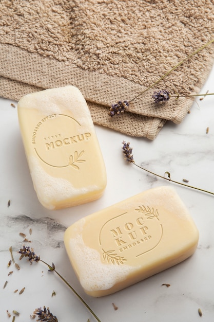 PSD natural homemade soap bar mock-up with embossed effect