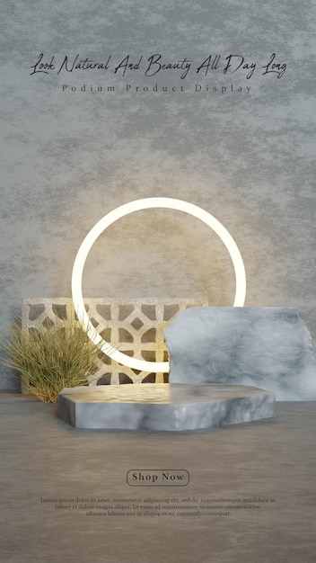 Natural marble podium with grass and neon in concrete wall for product presentation