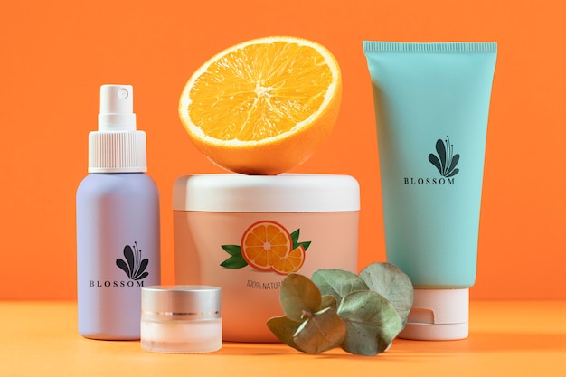 PSD natural orange juice cosmetics arrangement