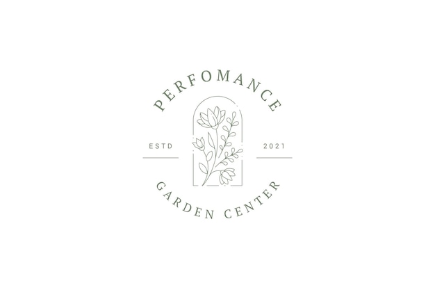 Natural organic meadow flower bouquet in arch antique frame minimalist logo design