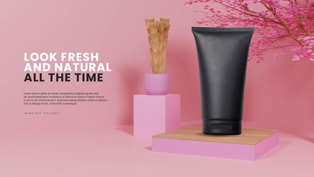 PSD natural pink podium with wood and tree