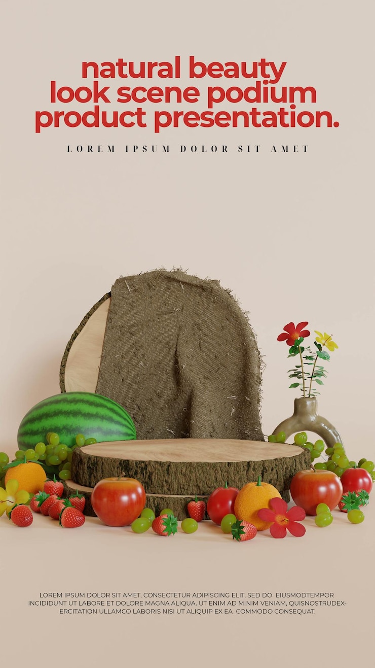 PSD natural podium with fruit for fresh product presentation
