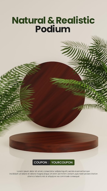 Natural podium with realistic wood and palm tree