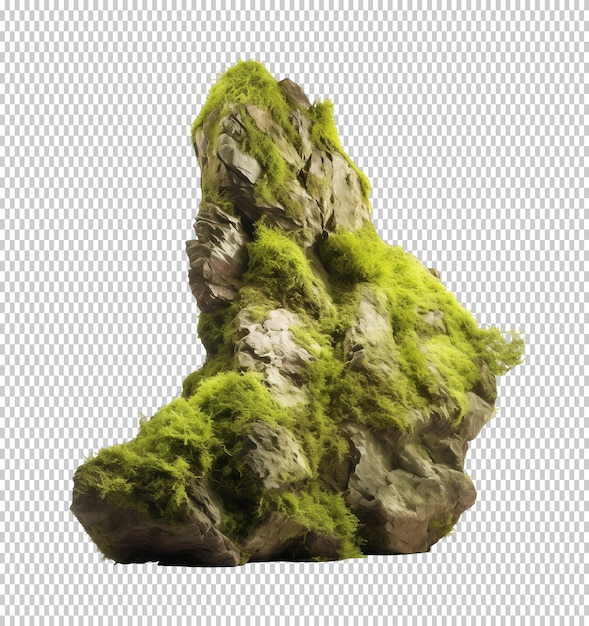 PSD roccia naturale alta con muschio isolato su uno sfondo trasparente