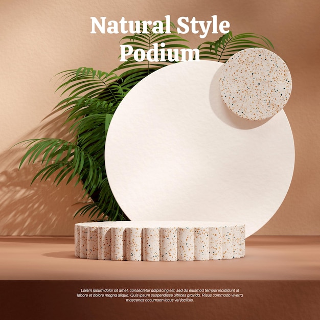 Natural terrazzo podium in square white circle and aracea palm 3d render blank mockup