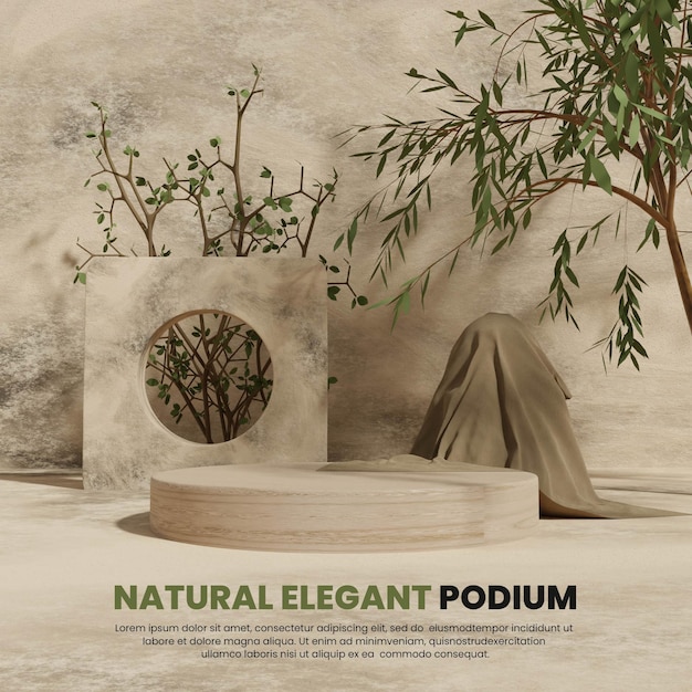 PSD naturalny brązowy abstrakcyjny podium z drzewkiem i tkaniną do prezentacji produktów