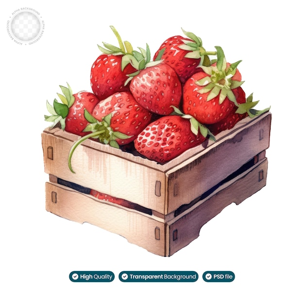 PSD nature gems watercolor art of strawberry crate