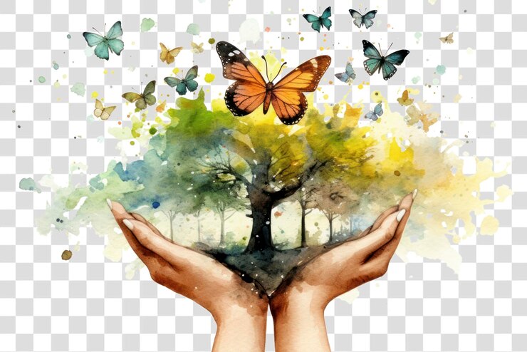 PSD nature hands butterflies watercolor vibrant