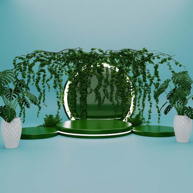 PSD nature podium display with tropical leaf background