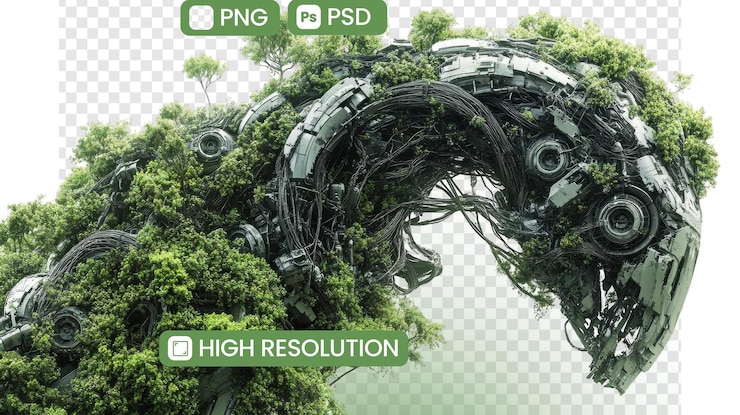 PSD nature reclaims technology a futuristic metal structure overgrown with lush green trees