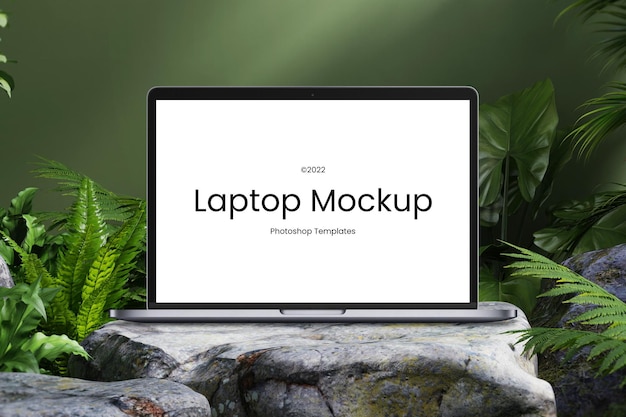 Nature Theme of Realistic Laptop Mockup on Podium Editable PSD Template Background