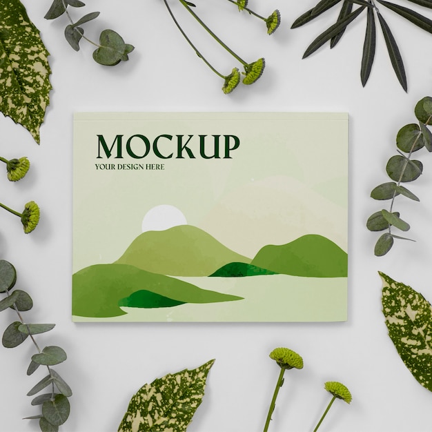 PSD natuur tijdschriftdekking mock-up met arrangement van bladeren