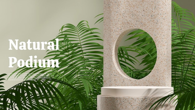 Natuurlijk terrazzo podium in landschap palmplant en groene muur 3d beeld render mockup sjabloon