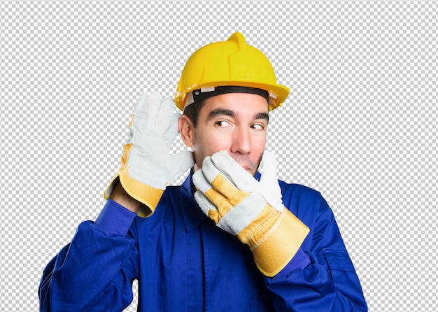 Naughty worker trying to listen on white background