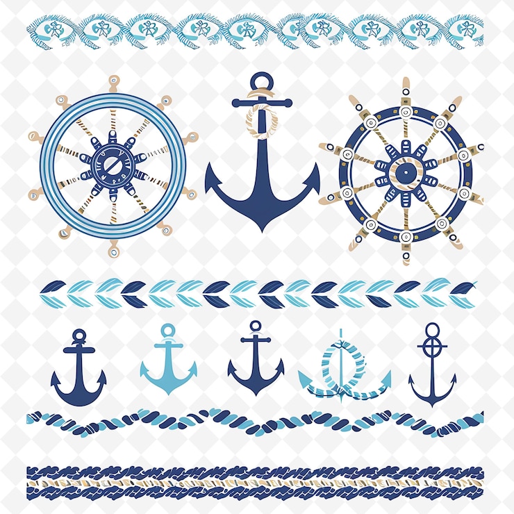 PSD nautical rope decorated with anchors and ship wheels in calm png natural inspired flat borderline