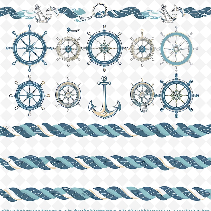 PSD nautical rope decorated with anchors and ship wheels in calm png natural inspired flat borderline
