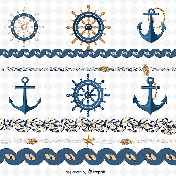 PSD nautical rope decorated with anchors and ship wheels in calm png natural inspired flat borderline