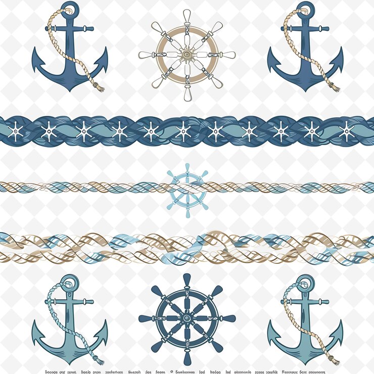 PSD nautical rope decorated with anchors and ship wheels in calm png natural inspired flat borderline