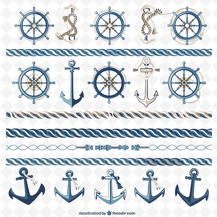 PSD nautical rope decorated with anchors and ship wheels in calm png natural inspired flat borderline