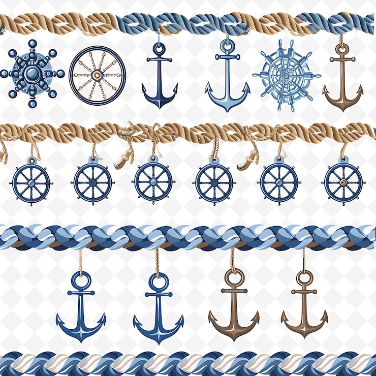 PSD nautical rope decorated with anchors and ship wheels in calm png natural inspired flat borderline