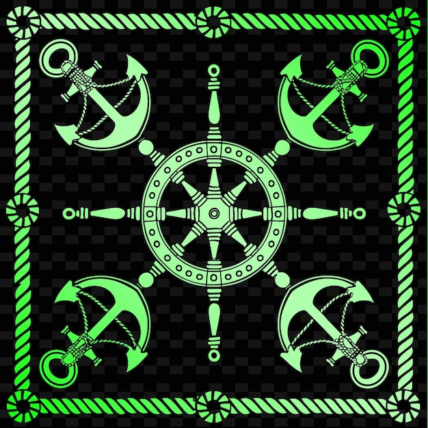 PSD nautical ship wheel folk art with rope pattern and anchor de illustration decor motifs collection (sztuka ludowa koła okrętowego z wzorem liny i kotwicą)