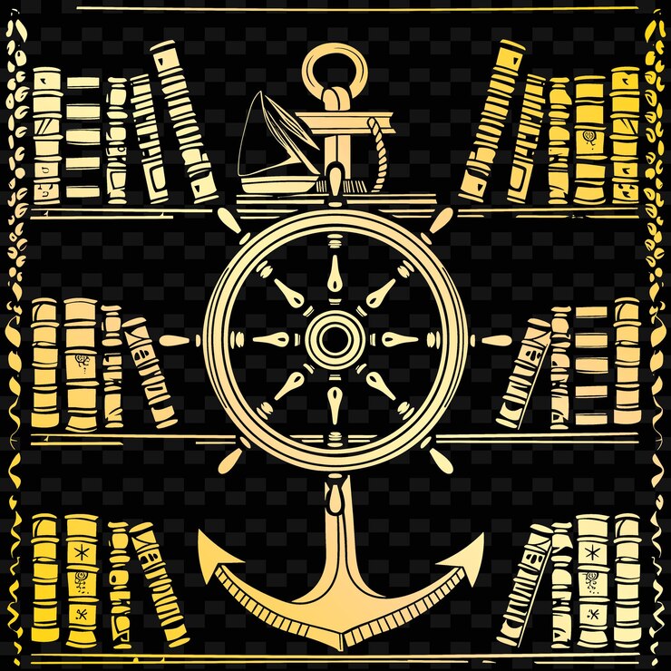 PSD nautical themed bookshelf folk art with ship wheel design an illustration decor motifs collection