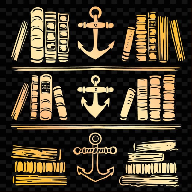 PSD libreria a tema nautico arte popolare con disegno della ruota della nave e illustrazione collezione di motivi di decorazione