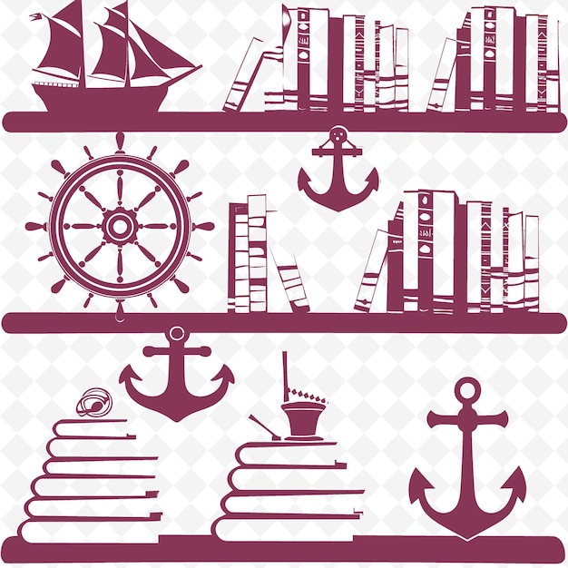 Nautical themed bookshelf outline with ship wheel design an illustration decor motifs collection