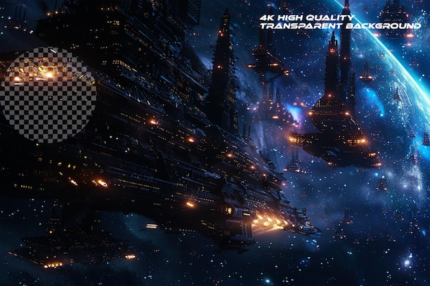 PSD navigate the cosmos with glowing space stations colossal on transparent background