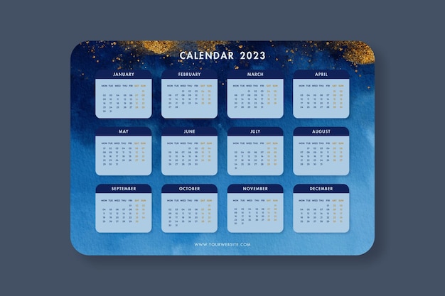 英語のネイビー ブルー カレンダー 2023年デザイン テンプレート