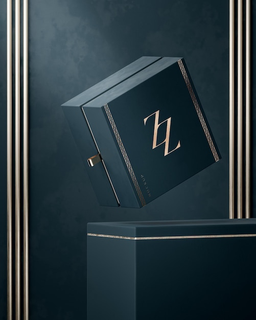 Navy blue and gold jewelry gift box mockup for brand identity 3d render