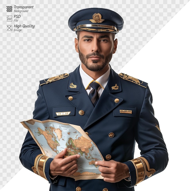 PSD navy officer in uniform holding a world map looking confident