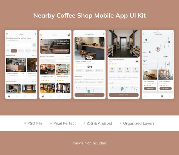 Kit dell'interfaccia utente dell'app mobile della caffetteria nelle vicinanze