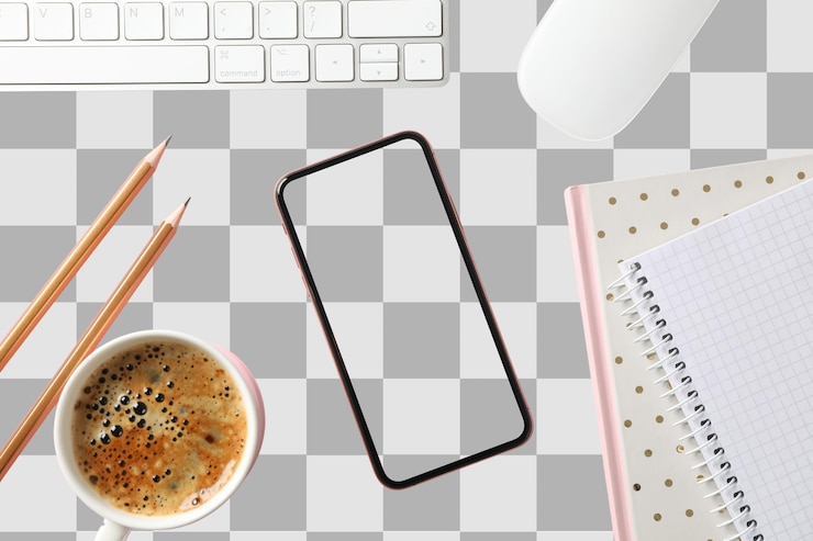 PSD neat desk with coffee phone notepad isolated on white png